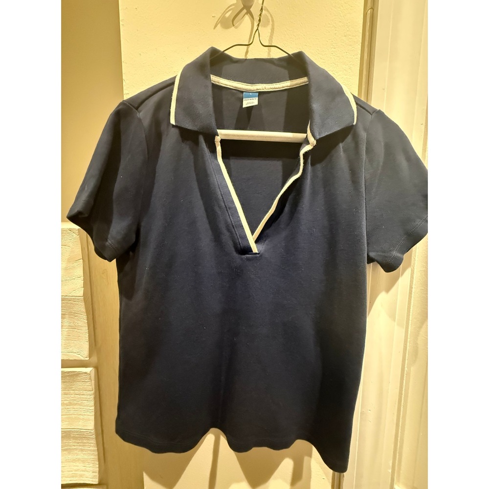 Old Navy Womens Black V-Neck Polo Shirt White Trim Short Sleeve Top Size L